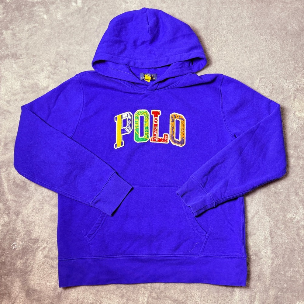 Polo Ralph Lauren Kids L 14-16 Blue Chenille Patch Logo Hoodie Pullover
